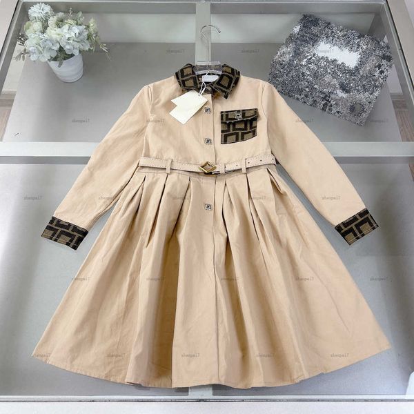 Top girls dress Brown patchwork design skirt Long sleeved collar dresses logo printing dresss High quality Belt decoration shirt skirt