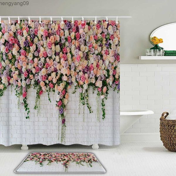 Shower Curtains 3D Flowers Wall Printing Shower Curtain Set Rose Butterfly Bird Bath Screen Waterproof Bathroom Curtains Slip Bath Mat Rug R