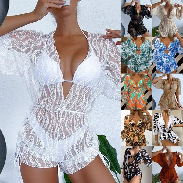 Long-sleeved Mesh Belted One-piece Swimsuit Womens Swimwear Summer Printed Drawstring Three-piece Bikini Sets Beach Wear 250113