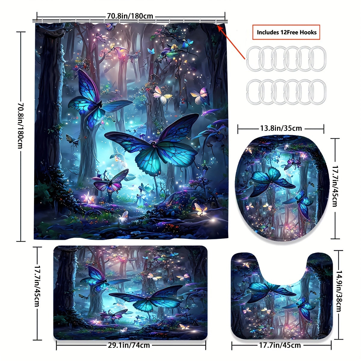 TEMU 4pcs Pattern Shower Curtain Set, Bathtub Waterproof Shower Curtain, Waterproof Bathroom Curtain With 12 Hooks, Non-slip Bath Blanket, Toilet