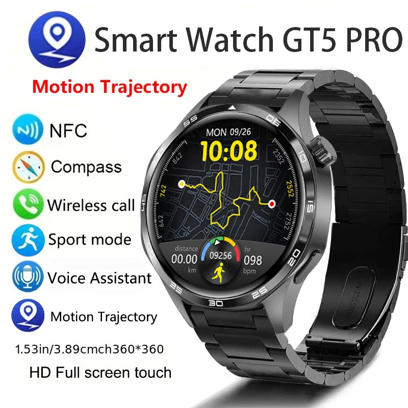 GT5 PRO Smart Watch Bracelet Men Wrist Watch 5 Pro AMOLED HD Screen Bluetooth Call GPS Trajectory NFC Heart Rate Compass SmartWatches for Fitnesss S