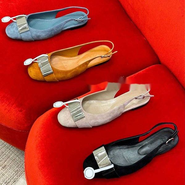 Genuine Leather Flat Sandals for Button Square Toe Slingback