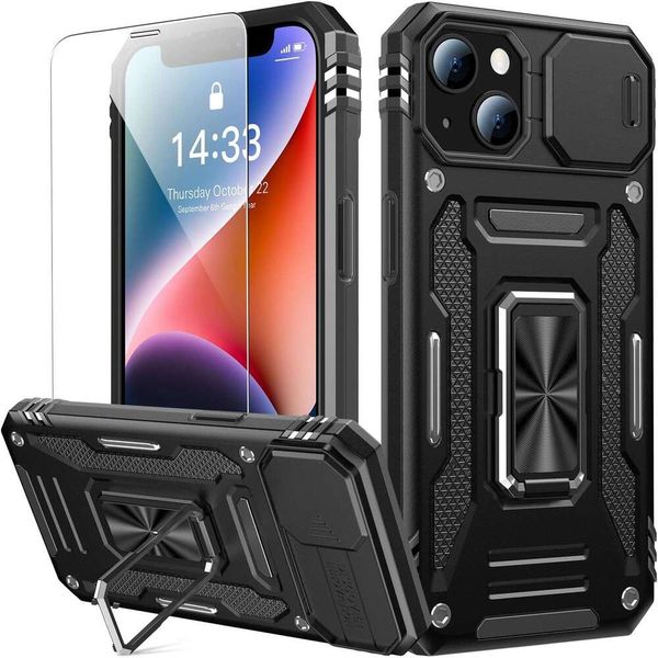 iPhone 14 Plus with Slide Camera Cover + Screen Protector, Built in Rotated Ring Magnetic Kickstand Military Grade Shockproof Protective Pho