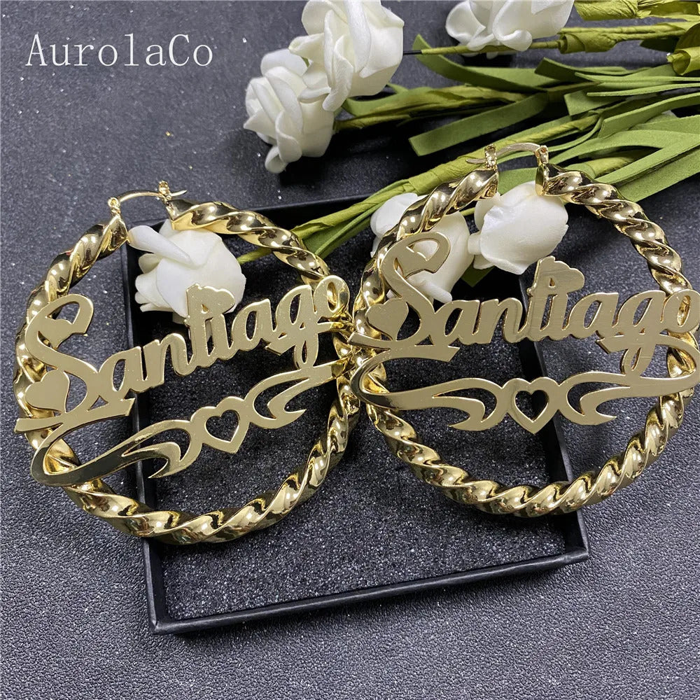 Hoop Huggie AurolaCo 30-90MM Custom Name Earrings Big Hoops Earrings Stainless Steel Hip Hop Style Earrings Custom Earrings for Women Gift 231208