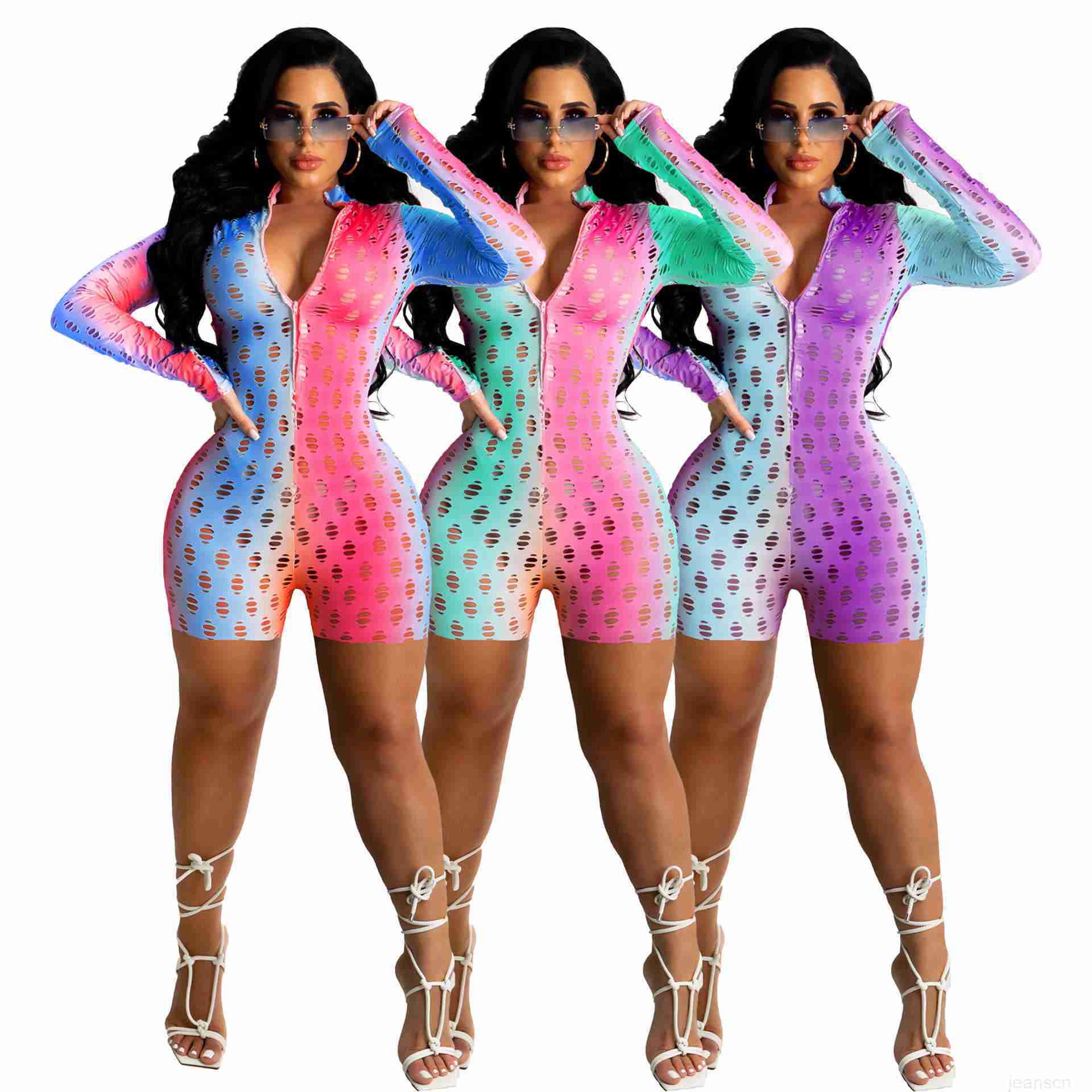 women&#039;s clothing Jumpsuit 2023 summer hole zipper color printing fashionable clubwear bodycon jumpsuits rompers bodysuit