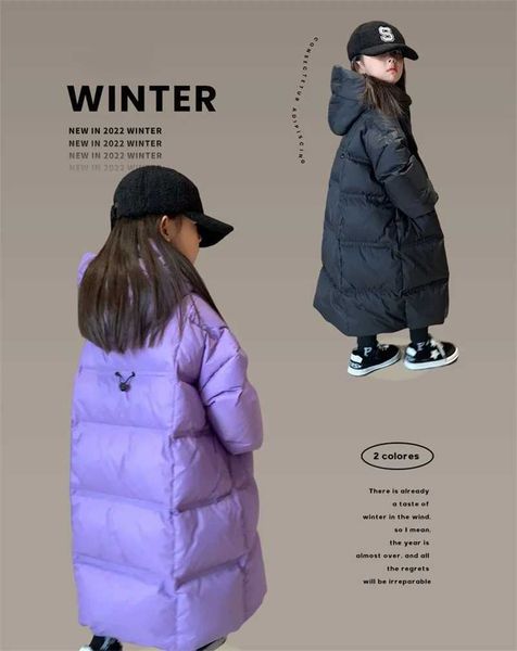 Jackets Longer Casual Down Coat Girls Fashion Hooded Parkas Teens Winter Thicken Warm Outerwear 2023 New kids Windproof Zipper Overcoat z241