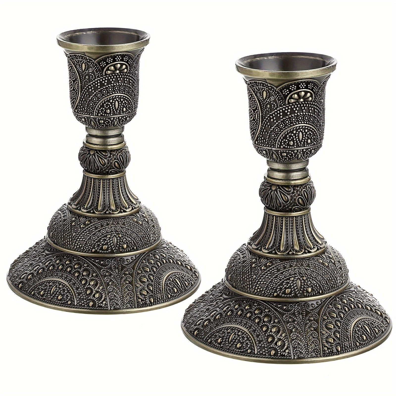 TEMU Vintage Metal Pillar Candle Holder Set Of 2 - Intricate Design Tabletop Candleholders For Wedding Centerpieces, Home Decor - Elegantly , Ideal