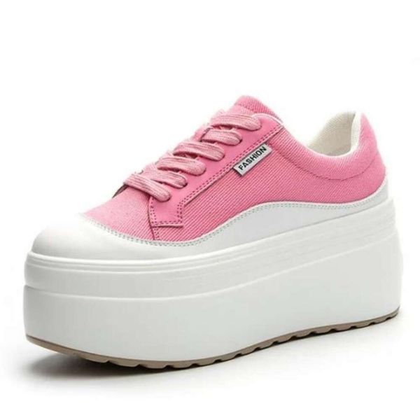 8cm New Canvas Genuine Leather Women Pink Fashion Sneakers Platform Shoes Wedge Hidden Heel Ladies Summer Mixed Color Vulcanize dhshoesc