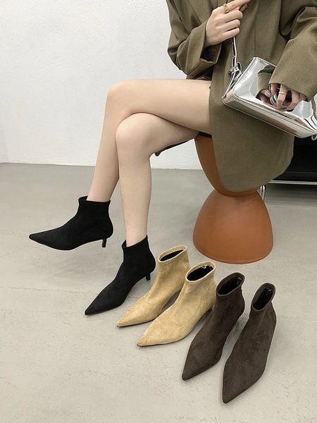 Women Ankle Boots Sock Booties Suede Autumn Winter Stretch Shoes Black Beige Brown Slip On Thin Mid Heels Short Booties 35-39