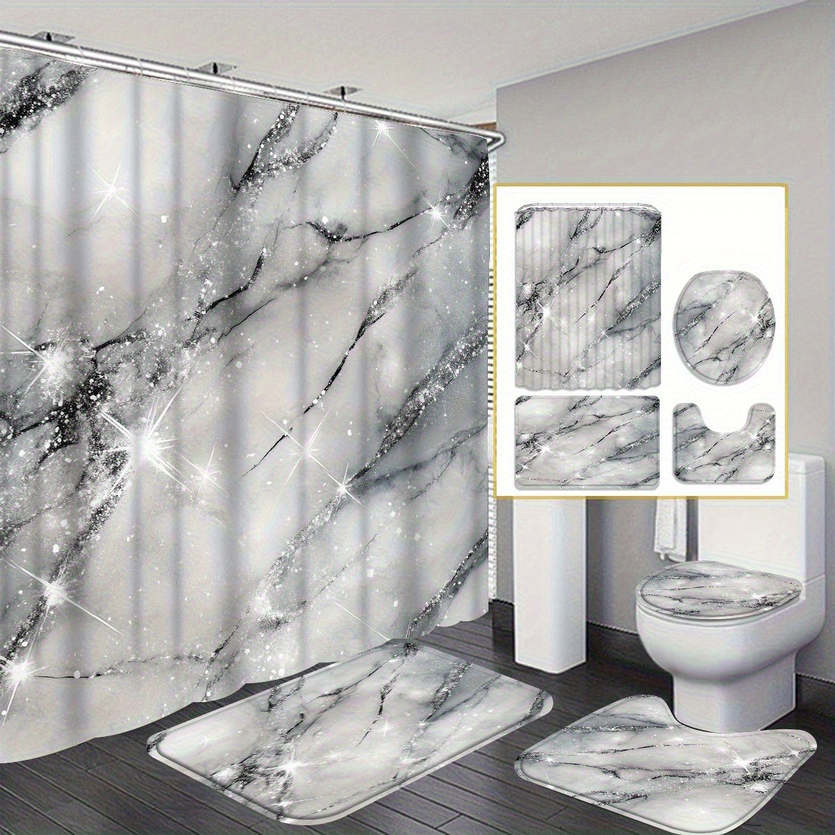TEMU [marble Shower Curtain] 1pc- Marble Pattern Shower Curtain Set | Modern Bathroom Decoration, Fabric Shower Curtain Set With 12 Hooks, Bathroom