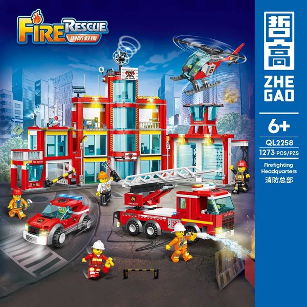 Blocks Fire station ladder truck helicopter model building block truck firefighter brick city childrens education toy H240930
