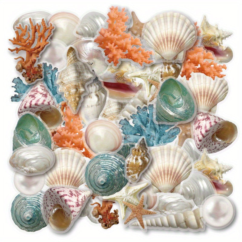 TEMU 42pcs, Marine Shell Stickers, Vintage Decorative Stickers, For Scrapbooking, Luggage, Diy Handicrafts, Waterproof, Self-adhesive, Cartoon