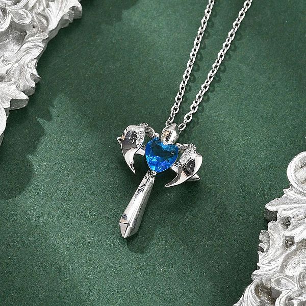 Collares colgantes de cruz de ala de circonita cúbica de latón para mujer