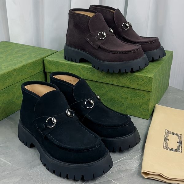 Designer woman ankle boot horsebite loafer shoe man dark brown suede Shoes Women Men Casual Dress leather rubber lug sole completes the styl