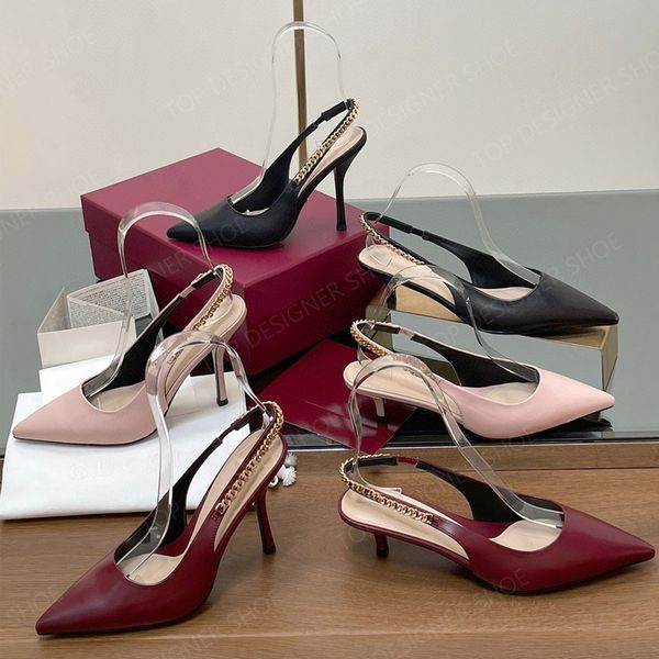 Top quality Metal chain Patent leather slingback Kitten heels sandal High heels Dress shoes Luxury designer heeled Evening Wedding shoes Fac