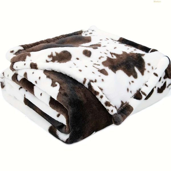 Blanket Rustic Chic Cozy Cow-print Throw Plush Polyester Fleece for Year-round Comfort - Hand-knitted, Soft & Durable