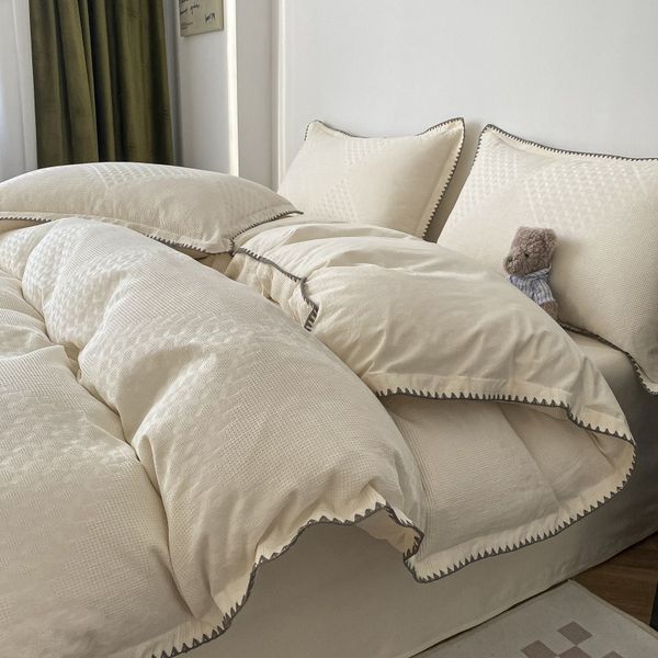 Luxury Bedding Set 4 Piece Soft Cotton Duvet Cover 2x2.3M Beige with Elegant Trim for Modern Bedroom