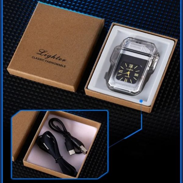 New Outdoor Windproof Waterproof Double Arc with Dial LED Light USB Rechargeable Electric Lighter Portable Lanyard Men&#039;s Gadget