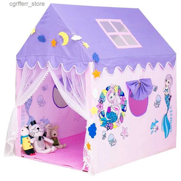 Toy Tents 2023New Cartoon Indoor Play House Girl Solid Wood Bracket Bed House Princess Mermaid Children Tent L410