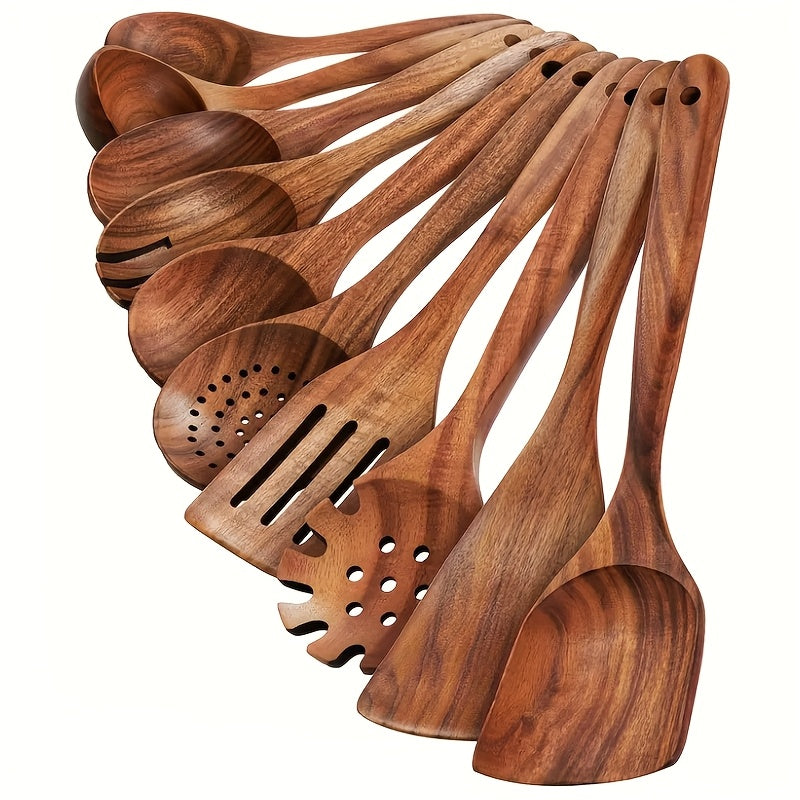 TEMU 10pcs Premium Wooden Kitchen Utensils Set - Ergonomic Handles Natural Spoons Ladle Wok Spatulas For Heat Resistant Easy To Clean Durable Kitchen
