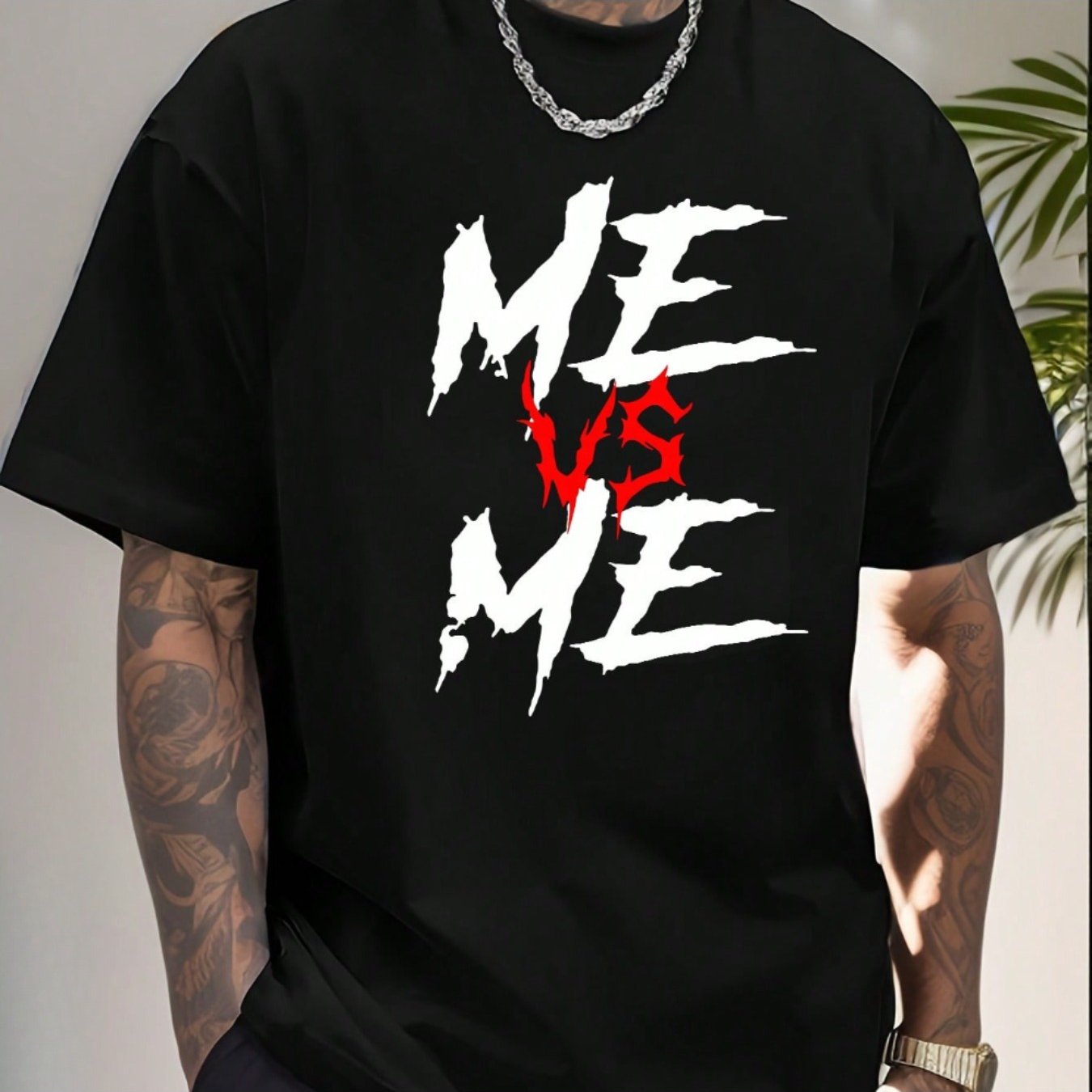 TEMU Men's "" Cotton T-shirt - Black With Red And White Graphics, Casual Round Neck Short Sleeve, Wear, Machine Washable, Everyday Apparel | Modern