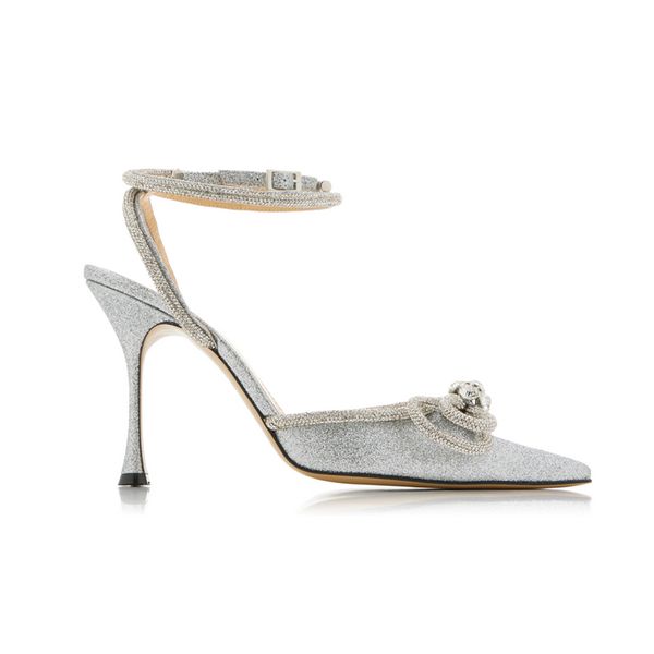 Designer Womens Mach High Heels Sandals Double Bow Crystal Embellished Glittered Pumps Pointed Toe Sunflower Crystal Buckle Leather Back Str