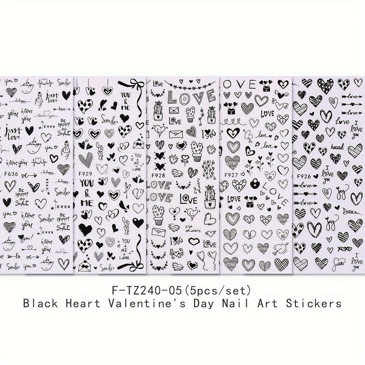 TEMU 5 Sheets Valentines Nail Stickers, Black Heart Nail Art Sticker Decal, Solidhollow Heart 3d Self-adhesive Nail Design For Acylic Nail, Nail Art