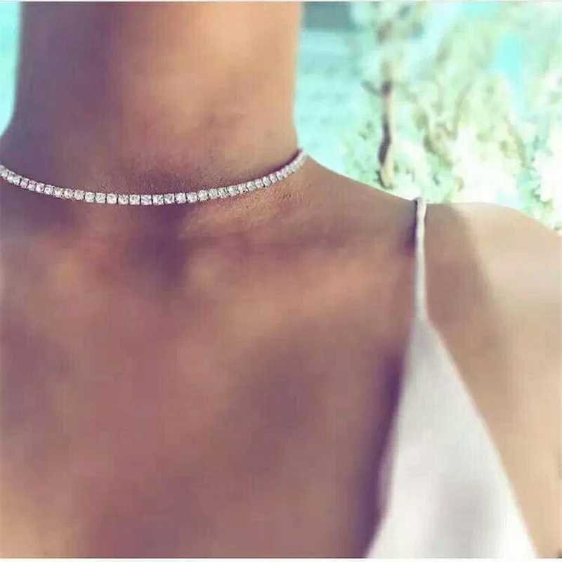 1 Row Rhinestone Tennis Chain Choker Necklace for Women Shine Silver Color Clavicle Neck Accessories Hip Hop Wedding JewelryX240919
