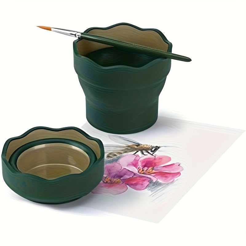TEMU 1pc Dark Green Artist Water Cup - Retractable Brush Washer Bucket With , Foldable For , Painting And Cleaning Brushes, Paint Brush Cleaner