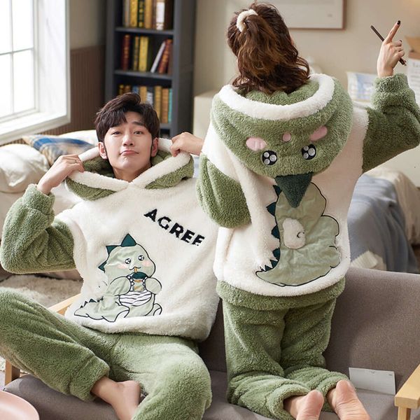 Couples Pamas Sets Women Men Winter Thicken Pyjamas Sleepwear Cartoon Dinosaur Korean Lovers Homewear Soft Warm Pijama Hoodies