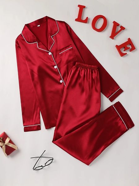 Solid Pajama Set Long Sleeve Button Up Lapel Top Pants Pj Womens Sleepwear Loungewear 250106