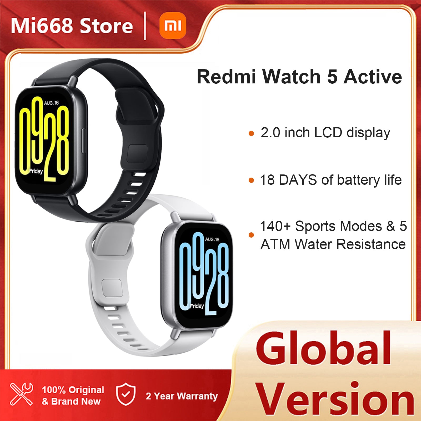 Global Version Xiaomi Redmi Watch 5 Active Smartwatch 2 &#039;&#039;LCD Display Bluetooth Calling Heartrate Blood Oxygen Mornitoring