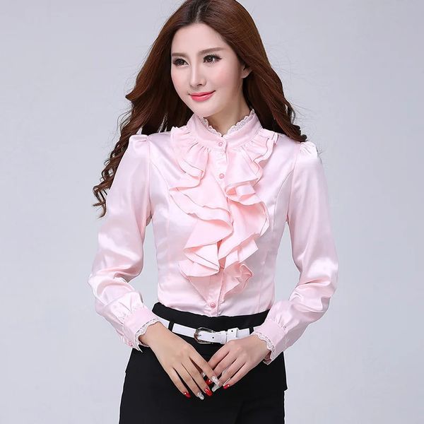 Blouse shirt Women Fashion Blouses Pink Casual Shirts Elegant Ruffled Collar White Office Female Clothing Spring Tops 250109