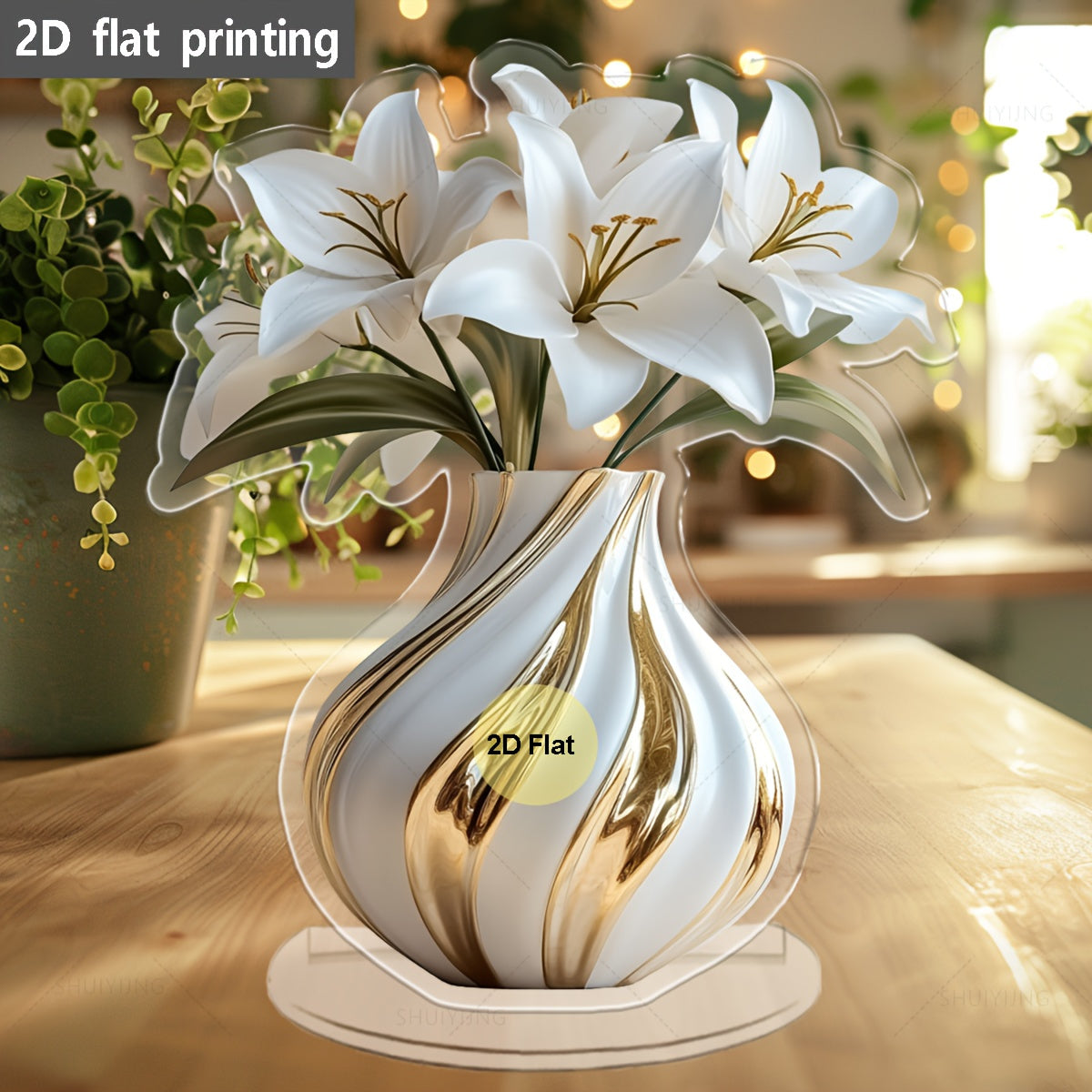 TEMU 2d Flat Acrylic Elegant Lily Vase Decor - White & -pattern With Artificial Lilies, 5.9x7.48 Inch Maintenance- Accessory For Bedroom & Tabletop