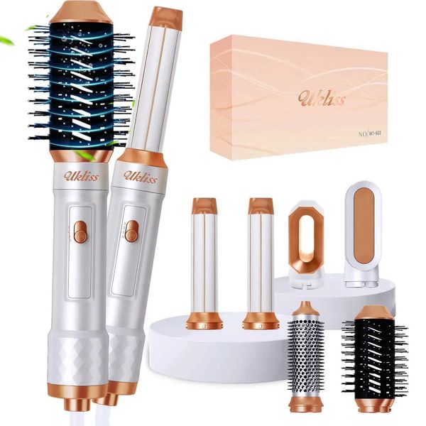 Ukliss 6 In 1 Electric Hair Dryer Brush White gold Blow Dryer Comb Hair Curling Wand Detachable Brush Kit Negative Ion Curler Z250122