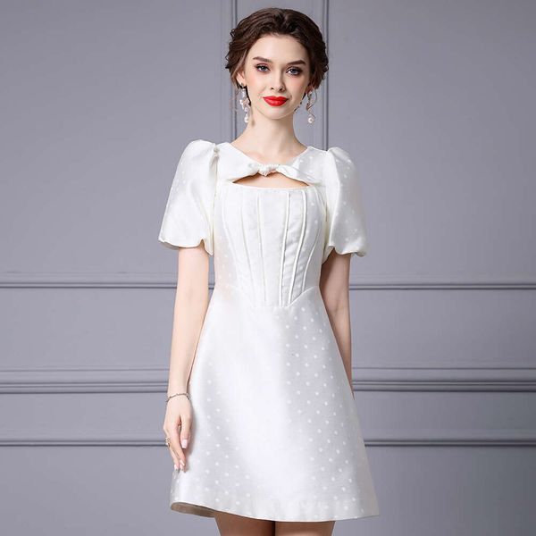Polka Dot Jacquard White Dress with Fashionable and Exquisite Neckline Bow Tie Bubble Sleeves A-line Dress Short for Summer Pregnant Womens