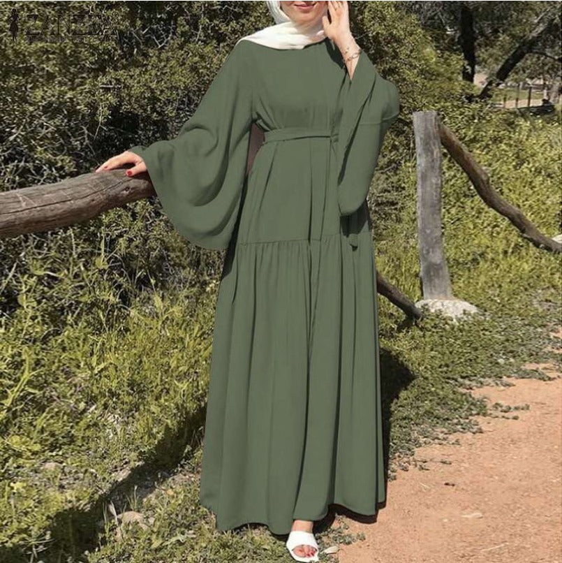 (672) New Solid Color Loose Pullover Belt with Wide Cuffs Dress