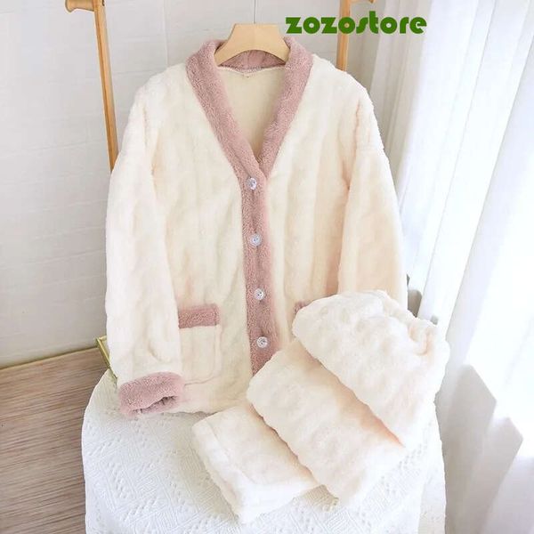 Autumn Winter Flannel Cardigan Women&#039;s Cute Coral Fleece Cartoon Thickened Warm Outerwear Homewear Suit V-Neck Pajama Sets 9E