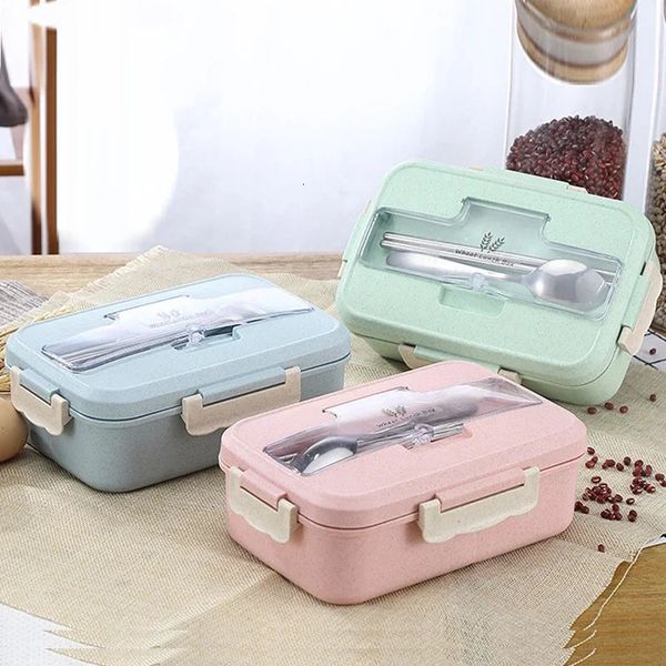 Microwave Lunch Box Wheat Straw Dinnerware with Spoon Chopsticks Food Storage Container Children Kids School Office Bento 241216
