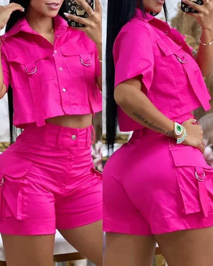Women&#039;s Two Piece Pants 2Pcs for Women 2024 Summer Short Slve Turn-Down Collar Flap Detail Buttoned Crop Top Pocket Design Daily Vacation Short