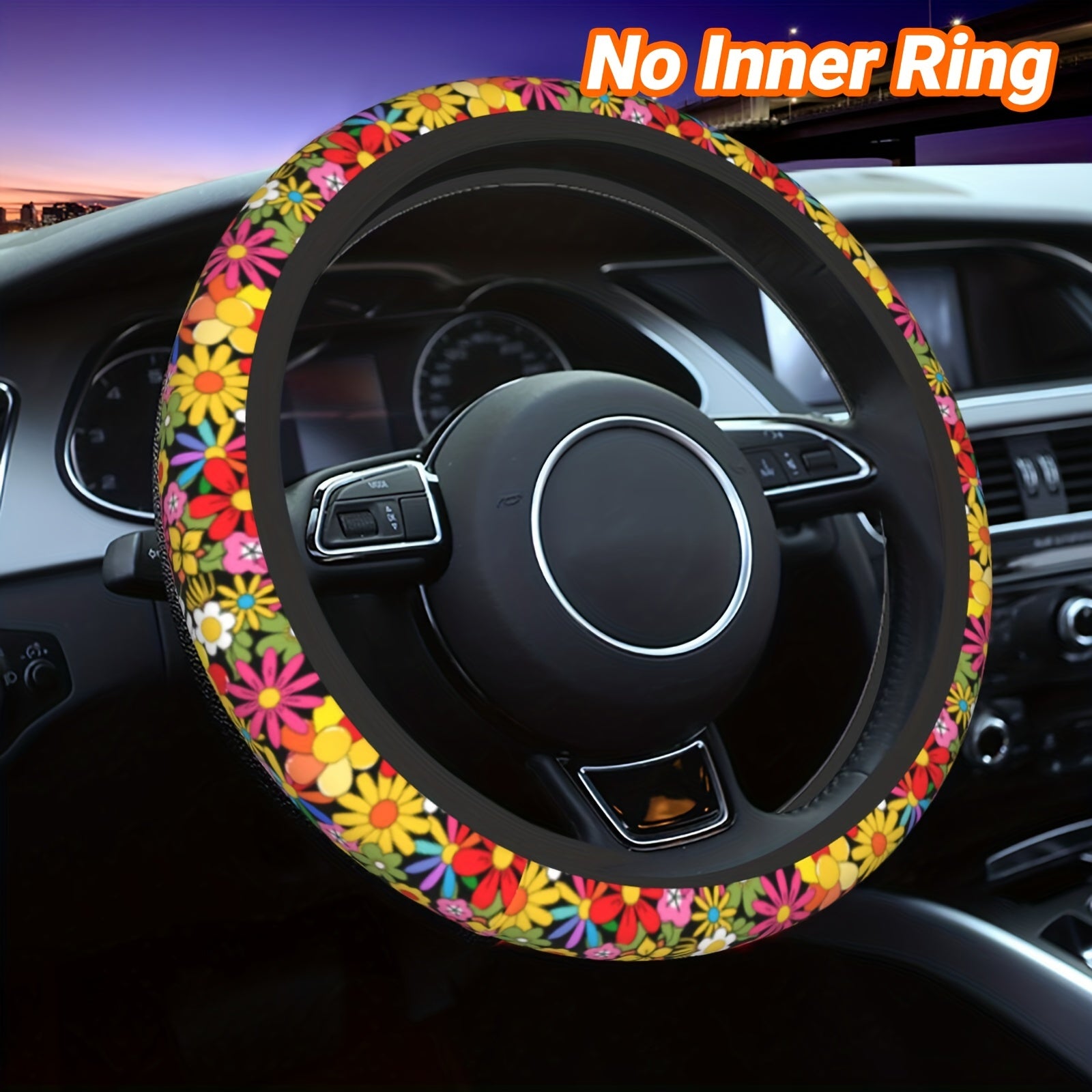 TEMU Hippie Flower Steering Wheel Cover For Women - 15 Inch Soft Anti-slip Durable Car Accessory With Vibrant , Fit For Most Vehicles, Stylish