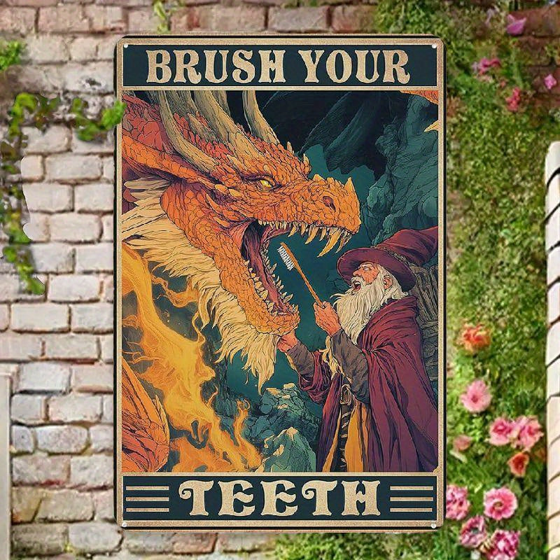 TEMU Brush Your Teeth Dragon Tin Sign Vintage Metal Tin Signs Wall Decor For Living Room Backyard Garden 12×8 Inch Retro Metal Sign, Wall Decor For