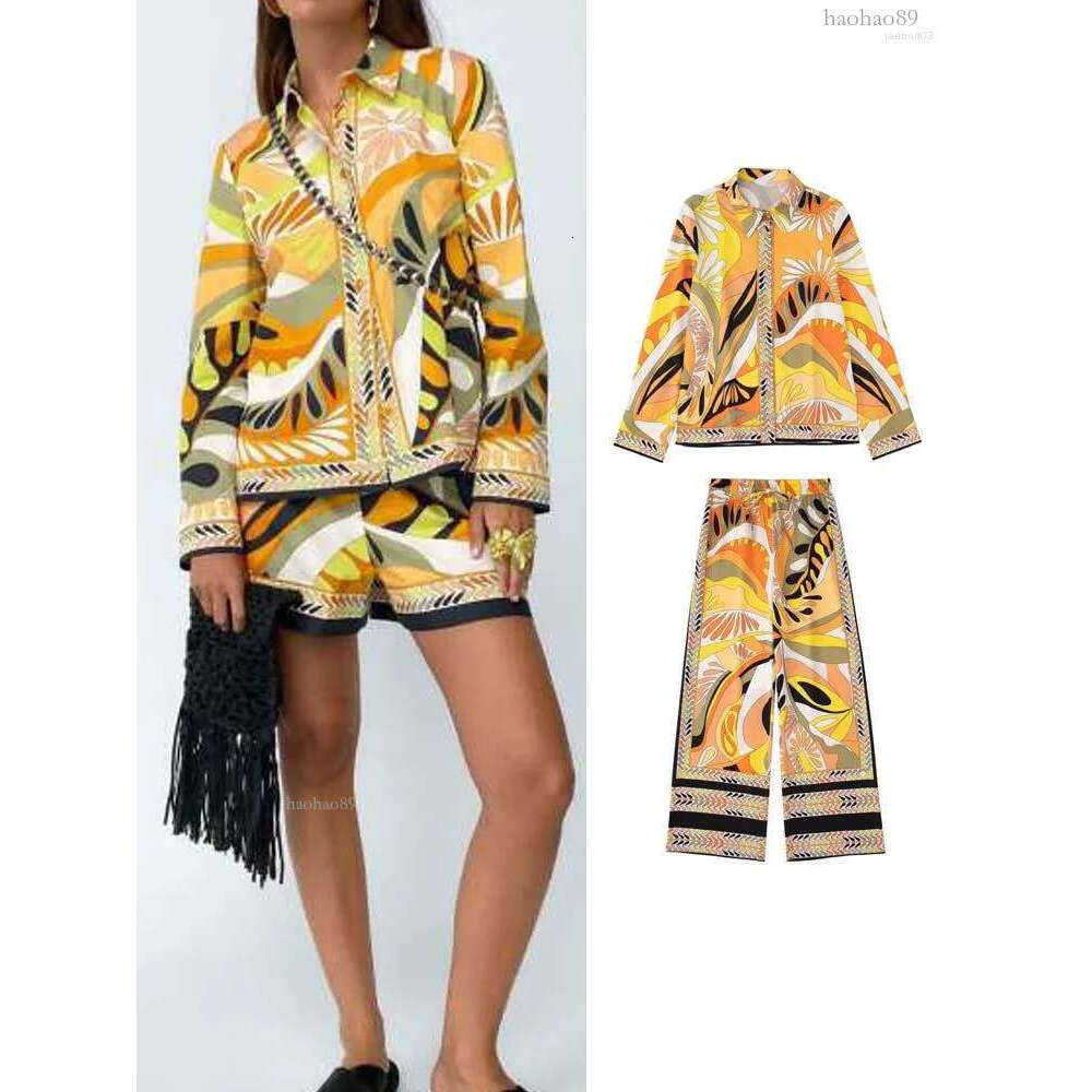 Women&#039;s Two Piece Pants 4 Colors 2 PCS Pant Sets Summer Women Fashion Print Blouses Vintage Turn Down Collar Shirts Long Sleeve Top