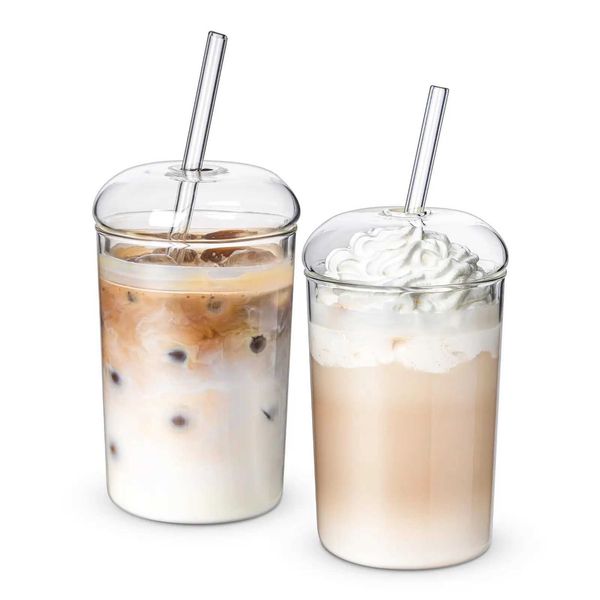 Clear Glass Cups with Lids Straws16oz Iced Coffee Cup Ice Tea Glasses MugTumbler for Coffee AccessoriesNew Housewarming Gift Y240813
