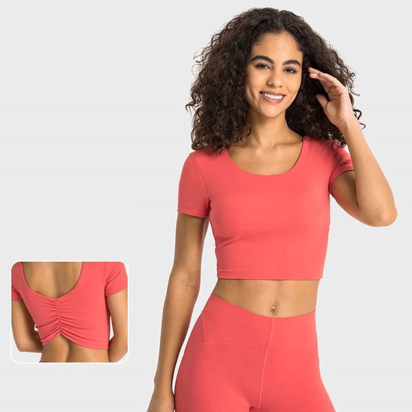 Womens Yoga Sports Short Sleeve Tee Crop Top With Pads T-shirt Crew Neck Fitness Sportwear Solid Color Gym Wear