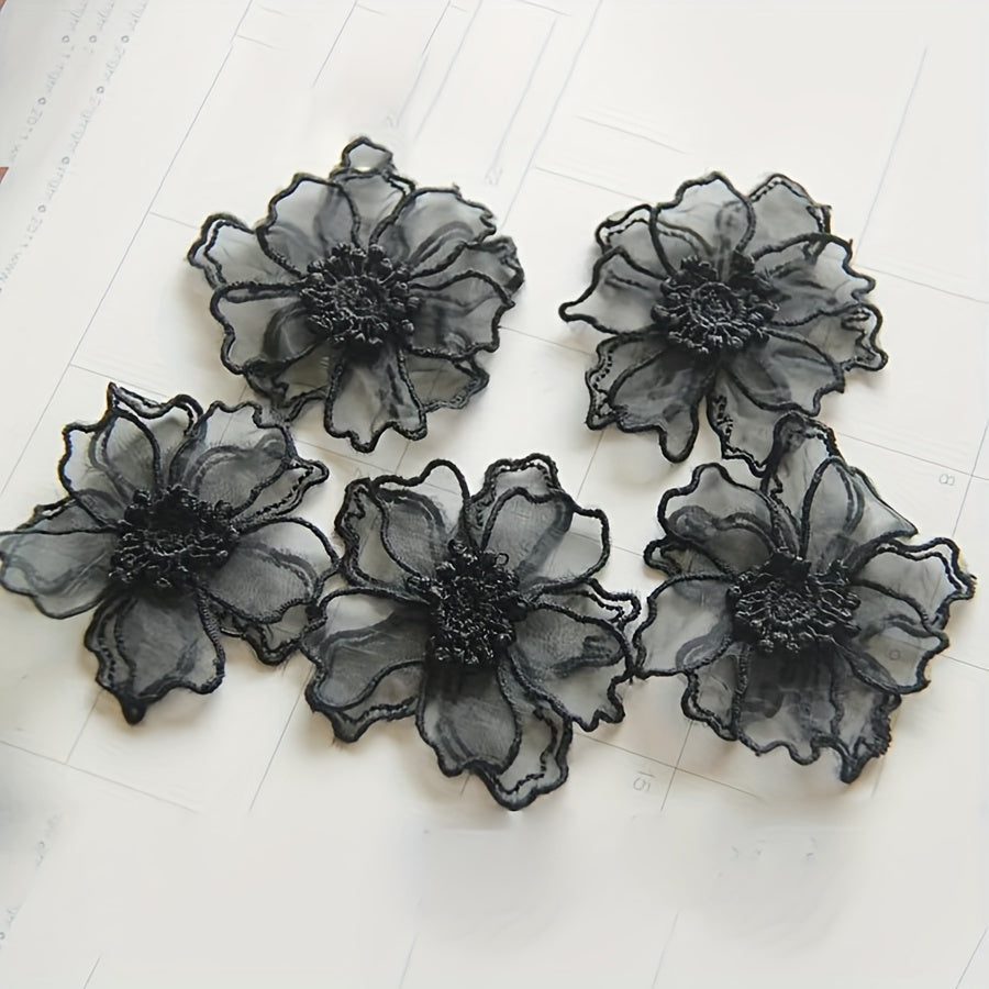 TEMU 5pcs Elegant Double-layer Organza Flower Patches, 2.36" - Black & White Floral Appliques For Wedding Dresses & Formal Attire, Fabric
