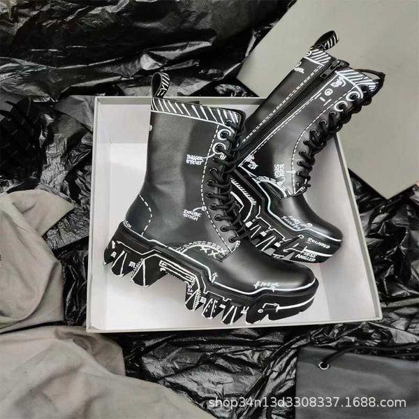 Original Fashion Show Tire Water Platform Thick Bottom Anti slip Fashion Short Boots Thick Heel Height Increase Graffiti Motorcycle Boots Co