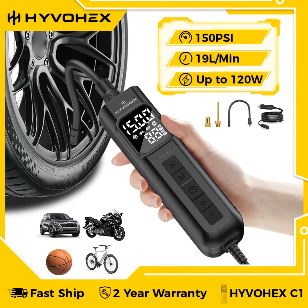 TEMU Hyvohex C1 Portable Tire Inflator Air Compressor 12v Car Outlet Powered W- Digital Pressure Gauge, Led Work Light, 100% Duty Cycle & Rapid