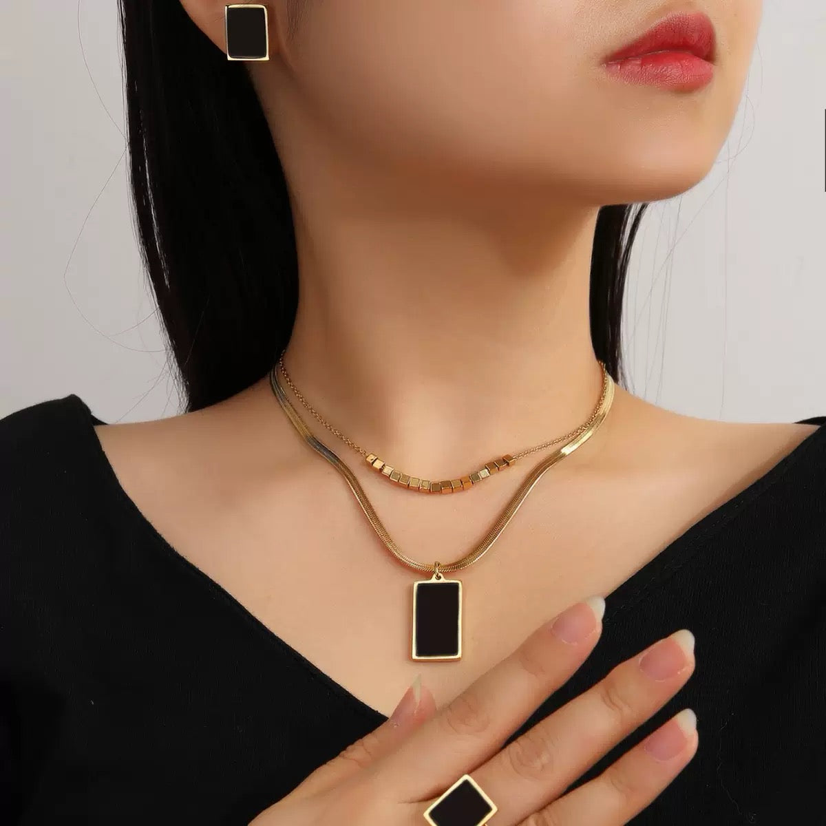 TEMU 4pcs- Set Stainless Steel & Cube Bead Double Layer Chain Necklace, Earrings, Bracelet, Ring Jewelry Set, Party & Fashion Accessories Precious