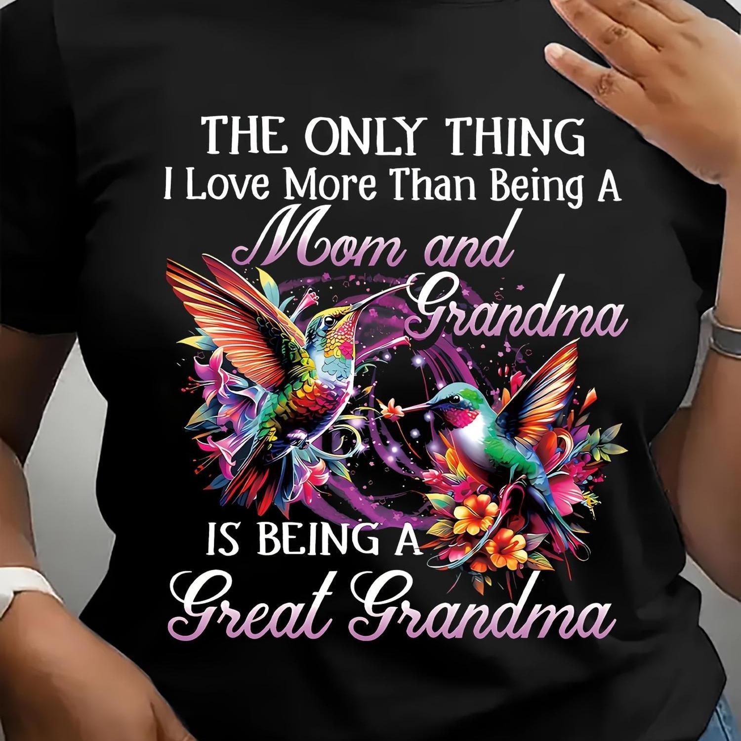 TEMU Women's Casual Short Sleeve T-shirt - "mom And Grandma" Hummingbird And Floral Print, Round Neck, Black, | Familythemed Apparel | Fabric